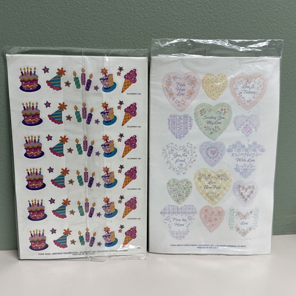Vtg Birthday Love Faith STICKERS Current Inc 1980s NEW & SEALED 2 Sets 4 Sheets
